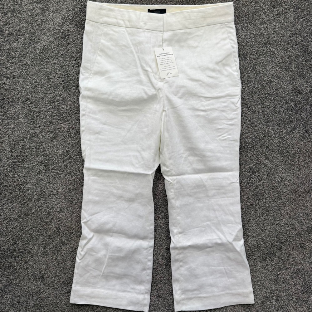 J.Crew Hayden Wide Leg Crop Pants White Linen Blend Perfecting Pockets 8P AV389